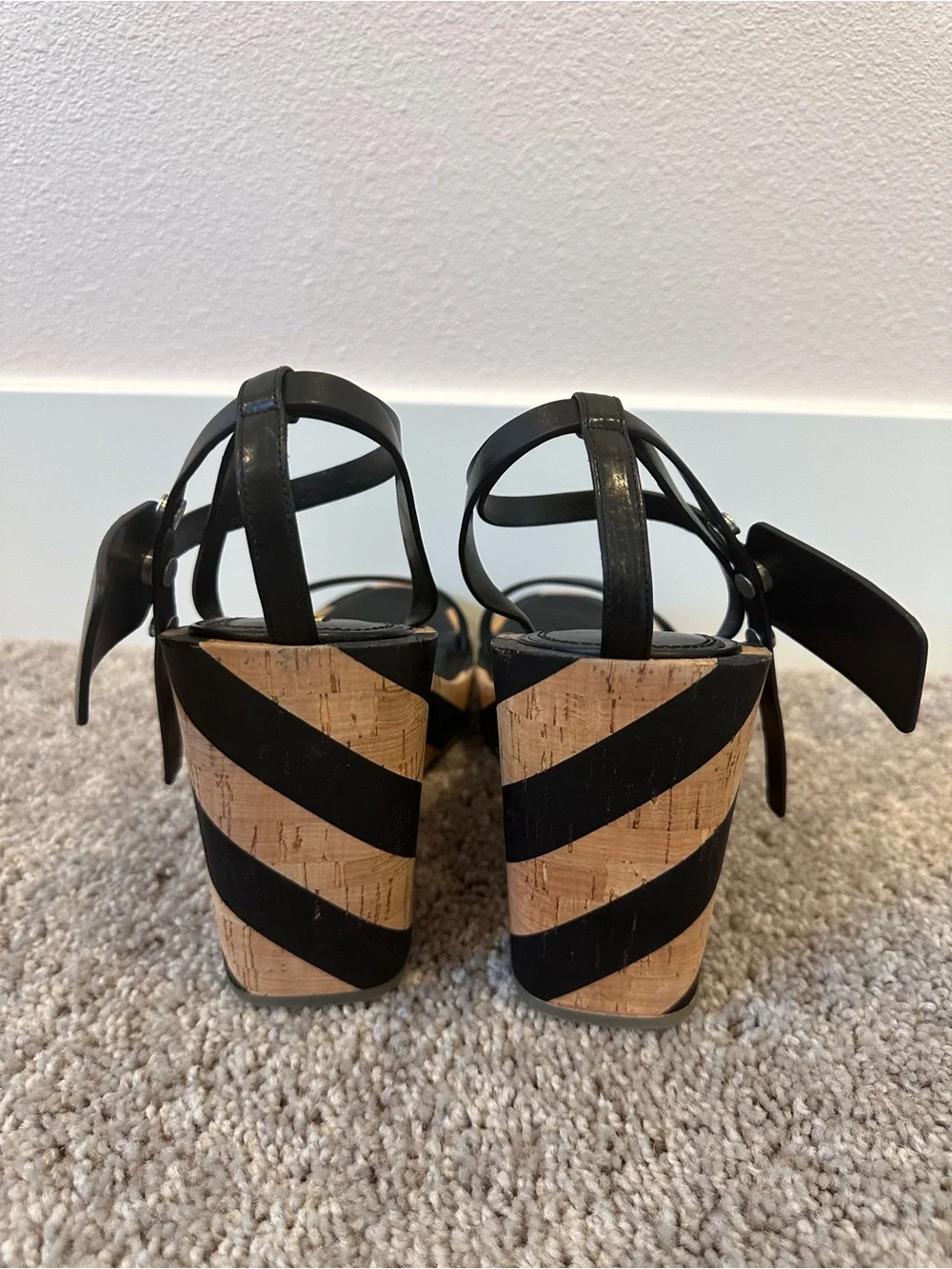 Off-White Black Leather Cork-Trim Wedge Sandals
